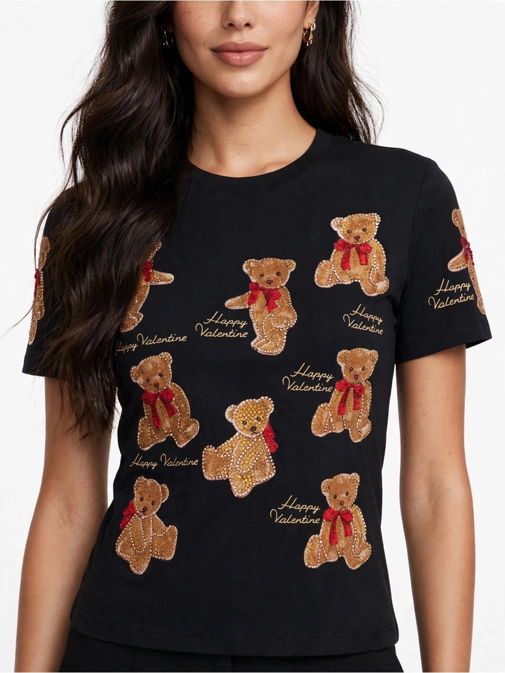 Women's Black Short Sleeve Tee with Embellished Teddy Bears - Happy Valentine